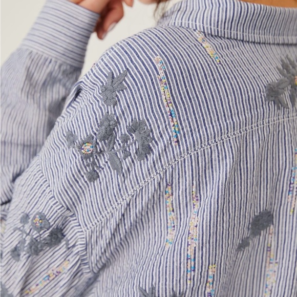 Anthropologie Pilcro Blue Striped Floral Button Down Shirt - Picture 3 of 6